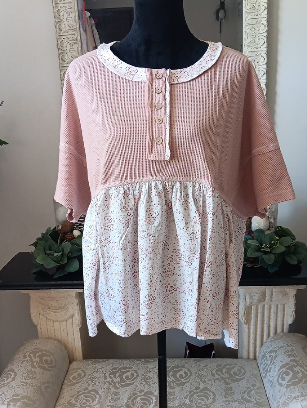 Pink Waffle Knit Peplum Top with Floral Hem